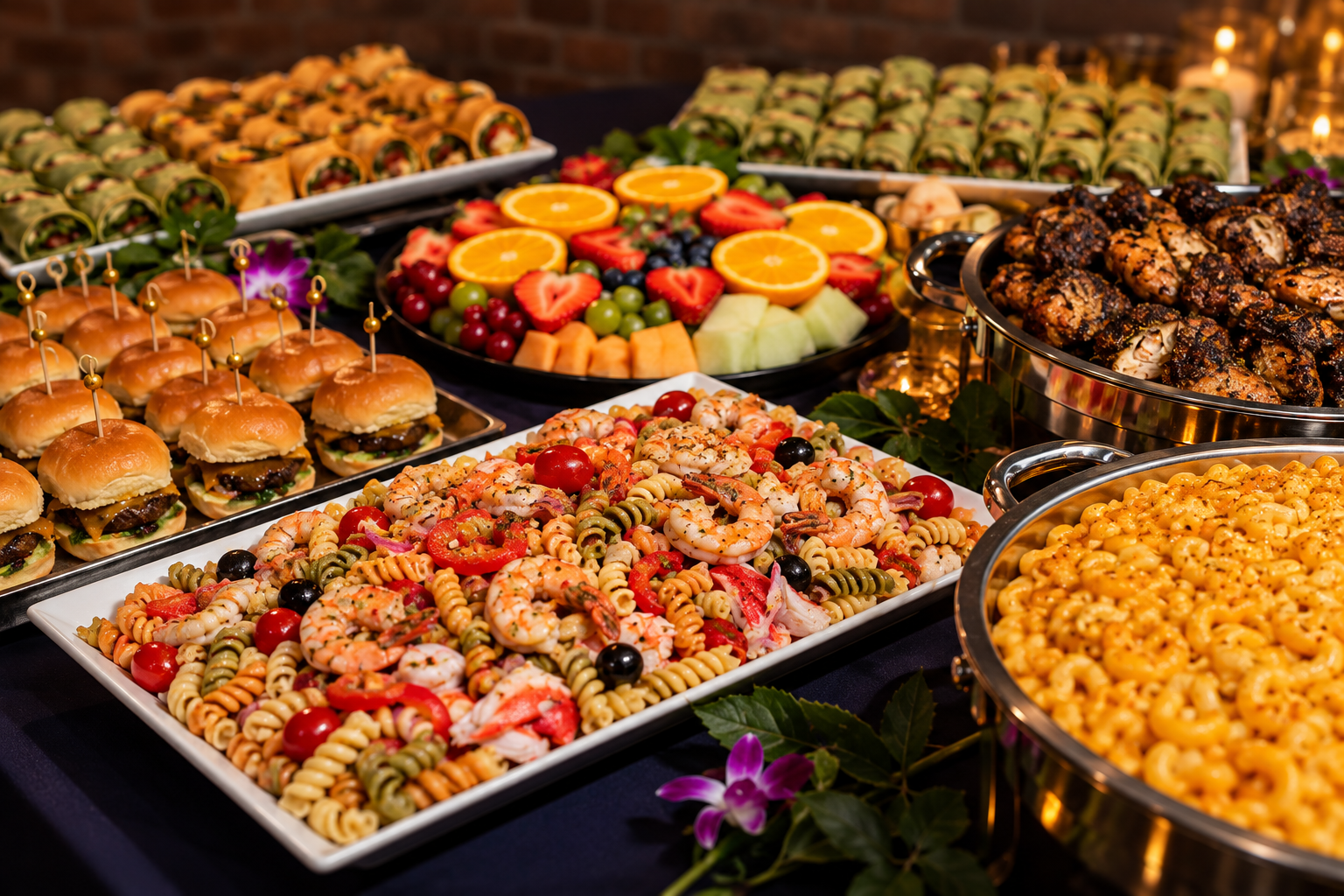 DA's Catering buffet spread with assorted dishes