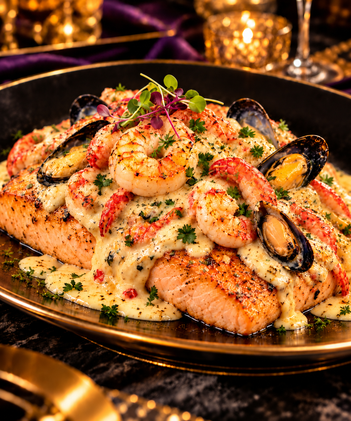 Twin Crowned Salmon topped with seafood fondue